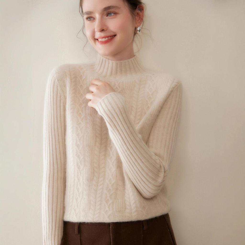 Women's Cable Knit Cashmere Pullover - Thick Half-High Neck Solid Color Sweater for Autumn/Winter