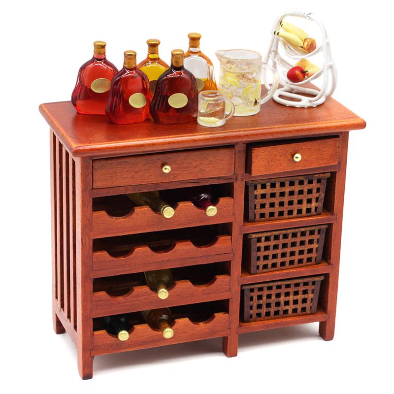 1pc 1/12 Simulation Model Mini Mahogany Wine Cabinet Wooden Drawer Cabinet Miniature Doll House Accessory Children's Toys