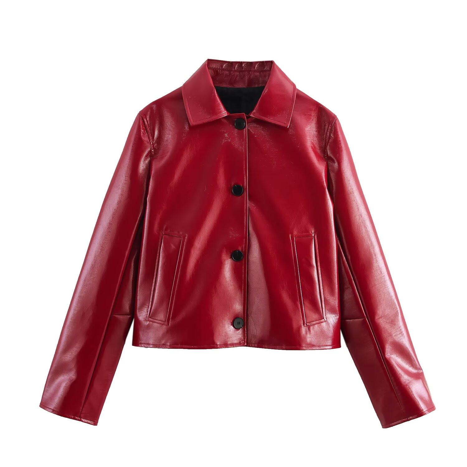 

Spring 2025 Women s Slim Fit Faux Leather Jacket with Versatile Lapel Large