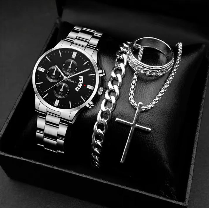 Men'S Watch Men'S Suit Fashion High Sense 3-Piece Set Glass Quartz Watch Calendar Watch Men'S