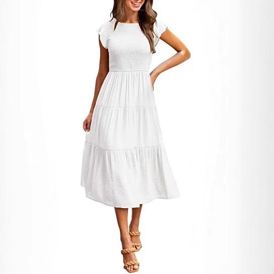 

Women s Short Sleeve Round Neck Tiered Ruffle Dress with Elastic Waist, Multi-Color Options S белый