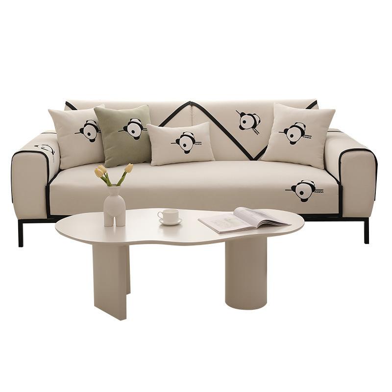Panda Embroidered Sofa Cushion Chenier Four-Season Universal Non-Slip Sofa Cover, High-Grade Seat Cushion Leather Sofa Back Towel