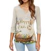 Camiseta de Manga Tres Cuartos con Botones y Cuello en V, Estampado de Conejo y Huevo de Pascua, Moderna y Casual para Mujer