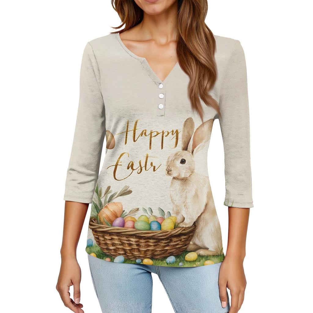 Camiseta de Manga Tres Cuartos con Botones y Cuello en V, Estampado de Conejo y Huevo de Pascua, Moderna y Casual para Mujer