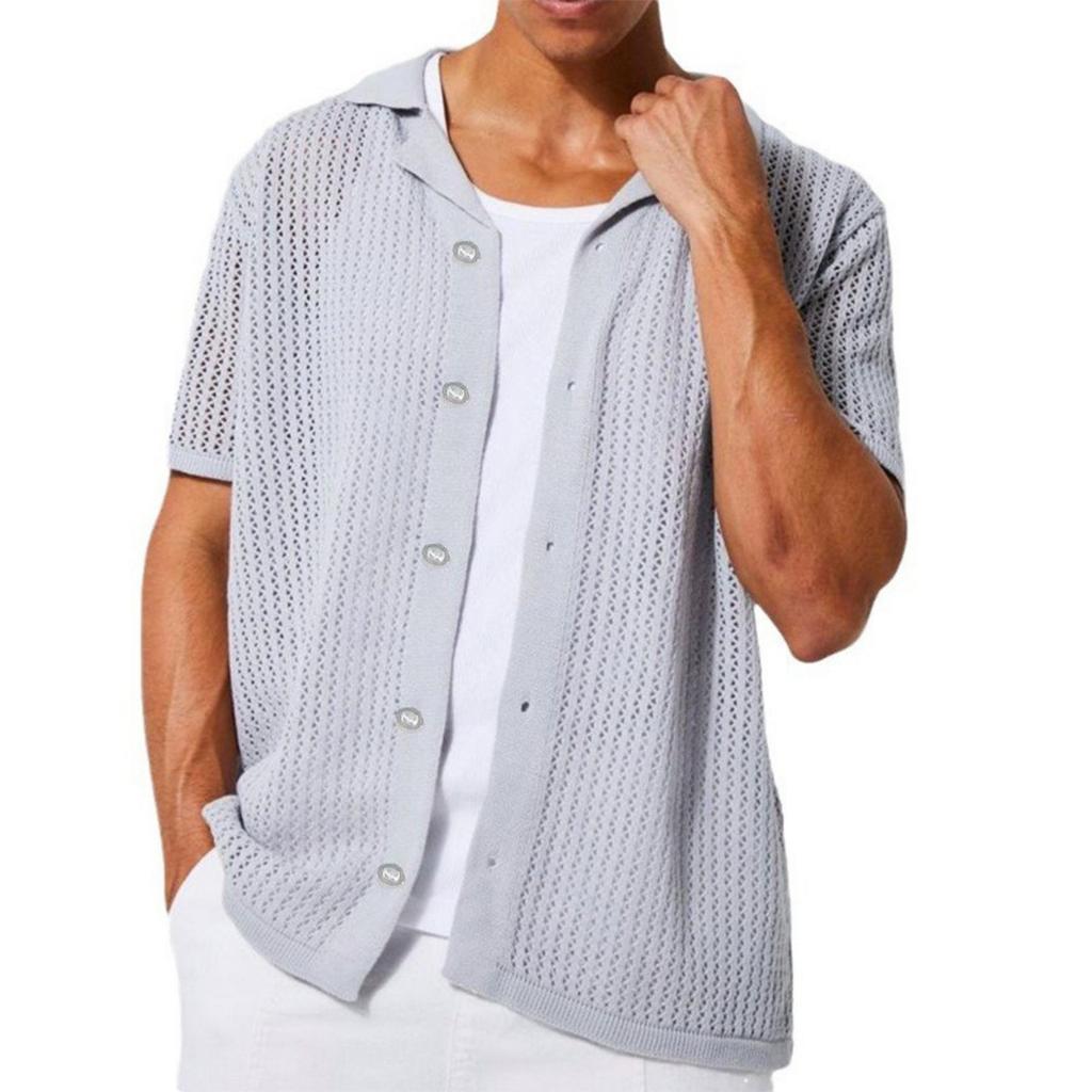 Men's Casual Stylish Knitted Button-down Shirt - Men's -colored Collarless Open-weave Short-sleeved Top