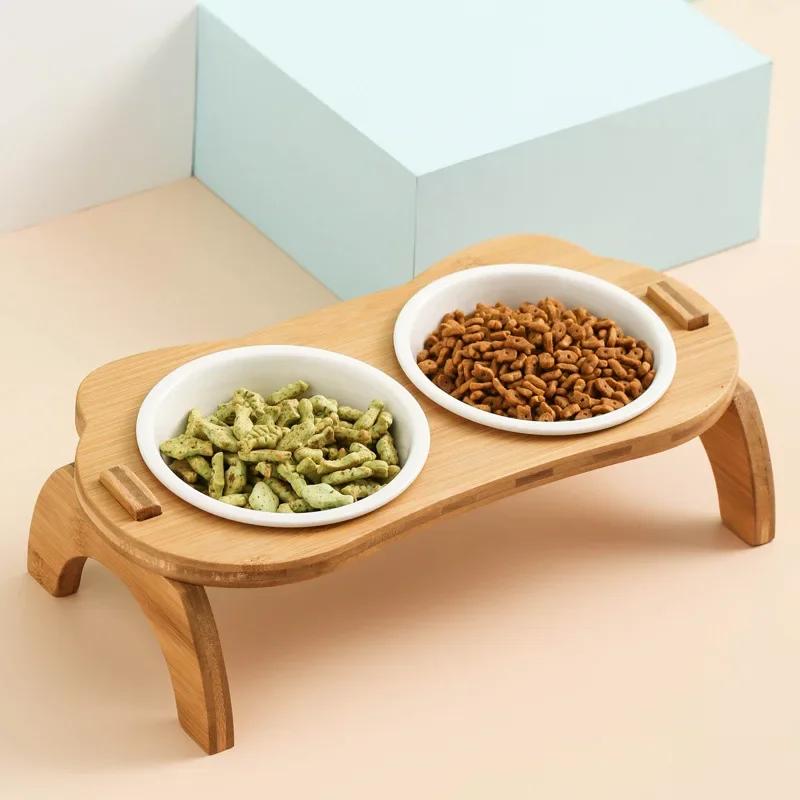 Elevated Bamboo Food Bowl Pet Bowl Cat and Dog Supplies Leak Proof Pet Food Bowl and Feeder for Small Dogs Cats Cat Food Bowl