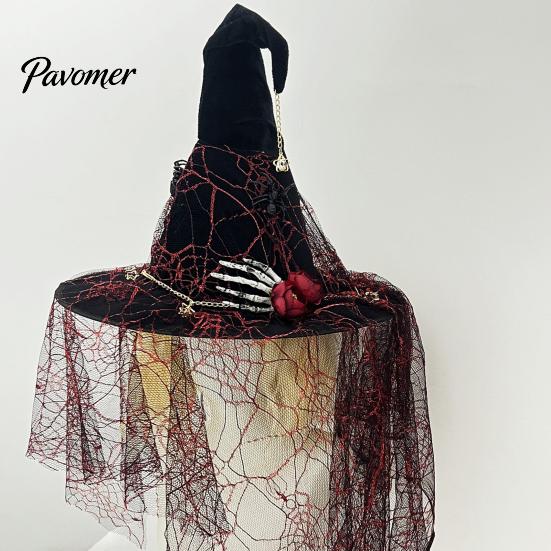 Party Favors for Festivals Punk Skeleton Hand Witch Hat with Spider And Veil, Black Large Stylish Headwear Wizard Costume Accessory Adults, Carnival,