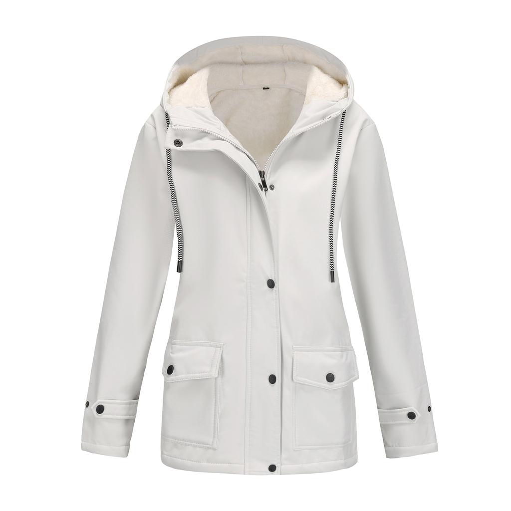 Model Lady Spring and Autumn Hooded Trench Coat Composite Fleece Waterproof Coat, Long-sleeved Zipper Cardigan Jackets
