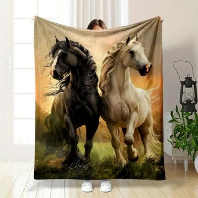 Black and White Horses Printed Blanket Bedroom Blanket for Livingroom Couch Lunch Break Soft Throw for Friend's Festival Gift
