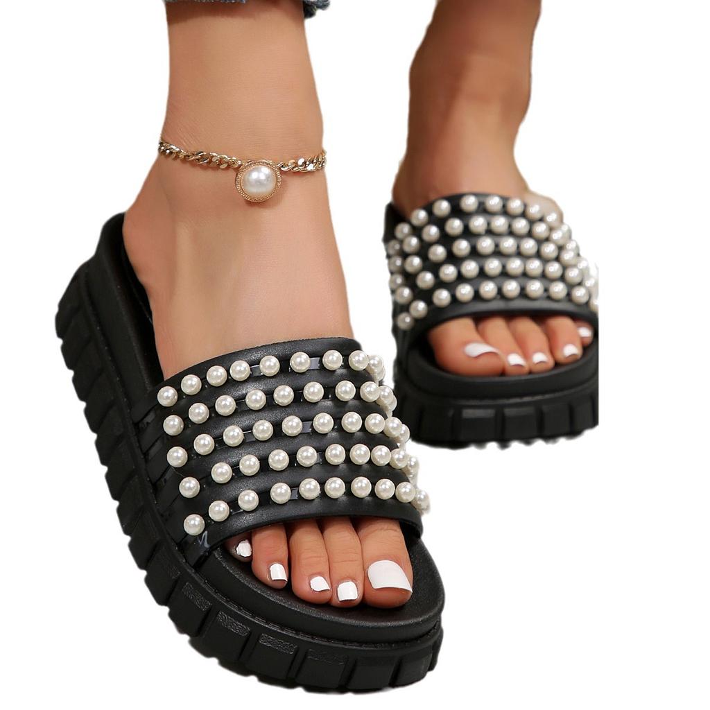 2025 new spring new pearl thick bottom new heightening sandals casual women's slippers