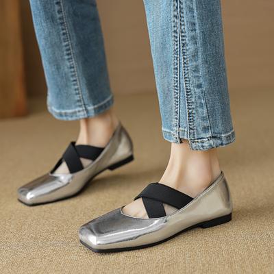 Weiwei Girl 8929-3 Silver Ballet Shoes Women's Light Mouth Vintage Cross Strap Square Head Single Shoes Women's Soft Sole