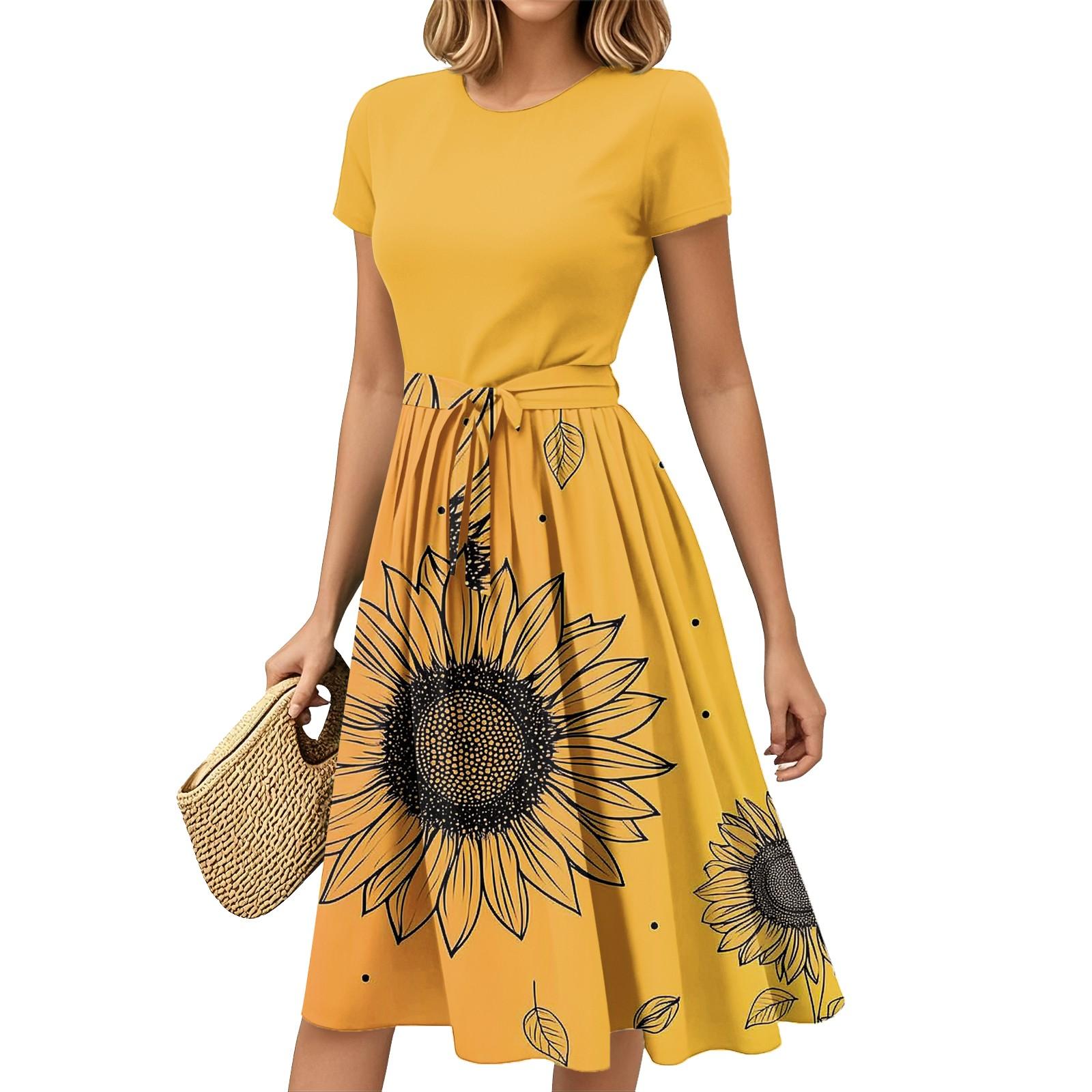 

Жіночі Модні Повсякденні Сукні з Поясом, з Коротким Рукавом, з Круглим Вирізом, з Геометричним Принтом, Комбіновані, Елегантні, Темпераментні XXL жовтий