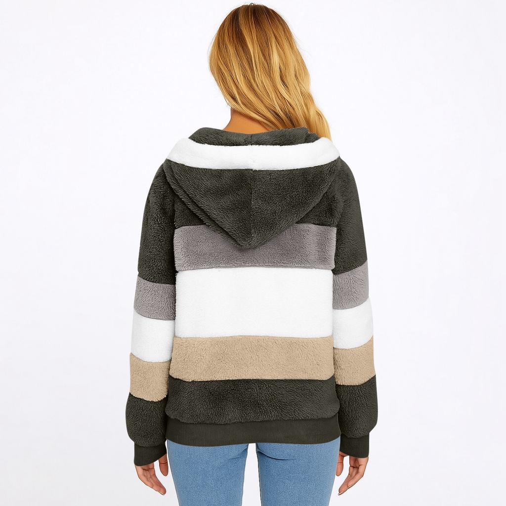 Women's Fashionable Plush Patchwork Zipper Pocket Hooded Long Sleeved Loose Warm Jacket