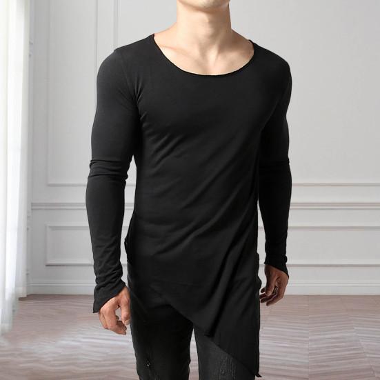Herren T-Shirt Langarm Einfarbige Unregelmäßiger Saum Pullover Streetwear Warm Seitenschlitz Langer Stil Herren Frühlingstop Männliche Kleidung