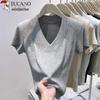 Women's V-Neck Ribbed Short-Sleeve T-shirt