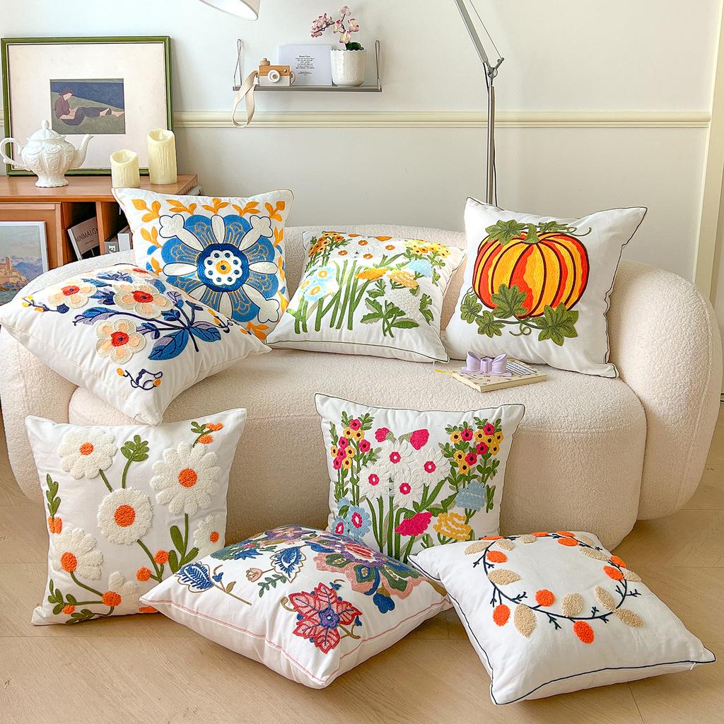Spring Flower Embroidered Throw Pillowcase Cojines Canvas Towel Embroideried Sofa Square Cushion Cover Headboard Pillowcases