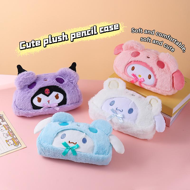 Sanrio Plush Pencil Case Cosmetic Bag Large Capacity Pen Pouch Hello Kitty Kuromi Melody Stationery Storage Bag School Supplies