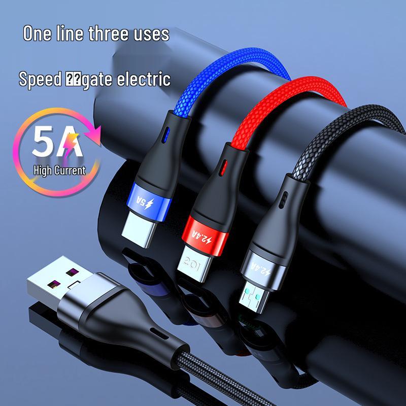 5A Super Fast 3-in-1 Braided Charging Cable, 2m Type-C to Triple Connector