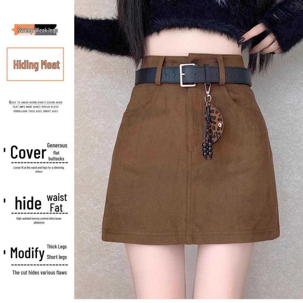 High-Waist Brown Suede Plush Pencil Skirt for Plus-Size Women - Versatile A-Line, Slimming, Short Skirt for Spring & Autumn