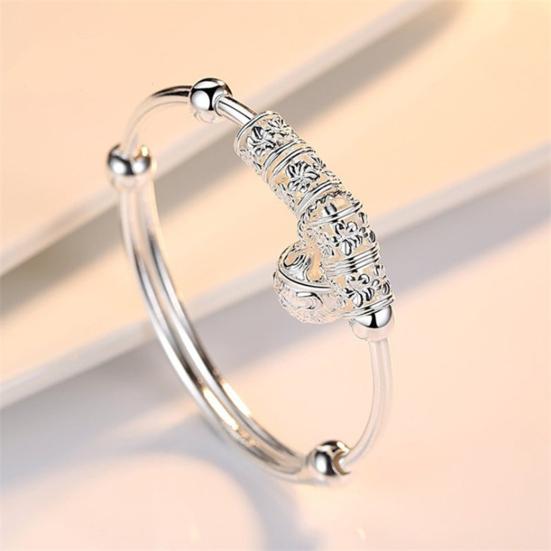 Circle Adjustable Cuff Bangle Silver Color Lucky Beads Bell Carved Retro Bangle for Valentine Day