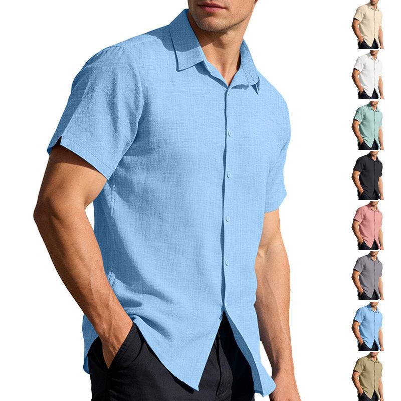 Men's Cardigan Button-down Short-sleeved Shirt Hawaiian Solid Color Lapel Casual Business Shirt