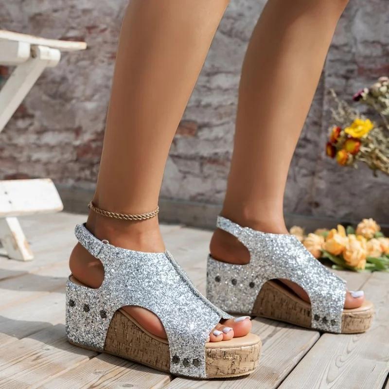 New Summer Sequin Flat-soled Heel Thick-soled Sandals Fashionable Sexy Women's Shoes Women's Sandals Fish Mouth Sandals
