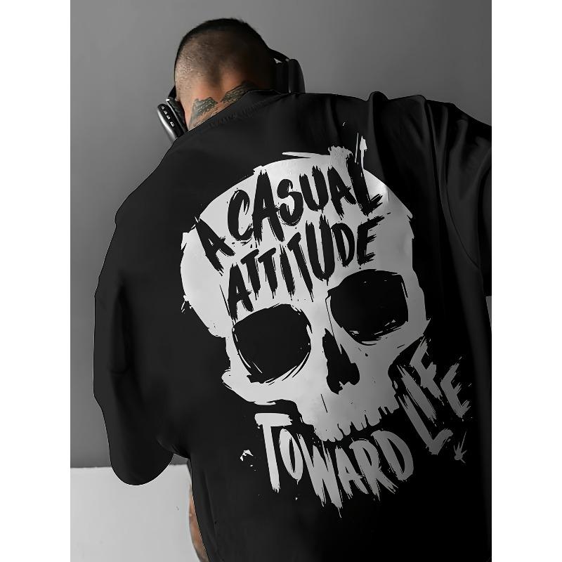 Europäische Größen Herren Lässiges Streetwear-T-Shirt mit Totenkopf-Grafikdruck - Lockere Passform Rundhalsausschnitt Sommer-T-Shirt, Atmungsaktives Gewebe für Freizeitkleidung