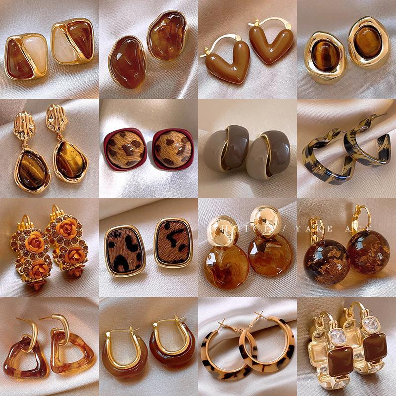 Maillard Coffee Color Amber Earrings Women's Autumn and Winter High-end Commuter Style Earrings Light Luxury Niche Design Earrings