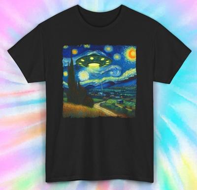 T-shirt Notte Stellata di Van Gogh UFO | Maglietta Arte Spaziale Aliena | Grafica Unica | S-5XL