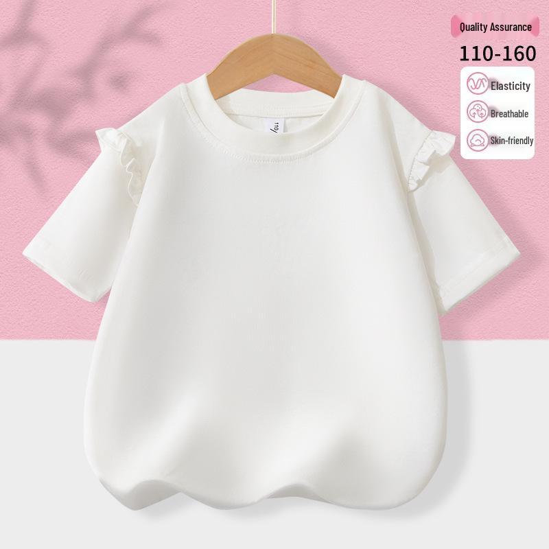 2025 Summer Korean Style Girls' Cotton Ruffle T-Shirt - Round Neck, Short Sleeve, Solid Color, Cute Undershirt.