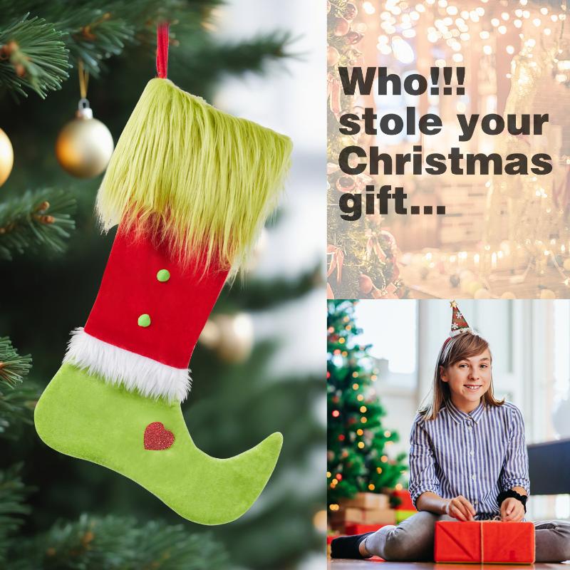 2025 Christmas Socks Long Haired Green Fur Grinch Elements Christmas Socks Candy Bag Christmas Pendant Gift Bag
