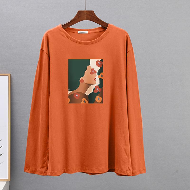 Tricou din bumbac cu mânecă lungă de primăvară Hirsionsan Tricou cu imprimeu estetică abstractă cu figurine pentru femeie pentru petrecere a timpului liber cu gâtul în formă de topuri simple