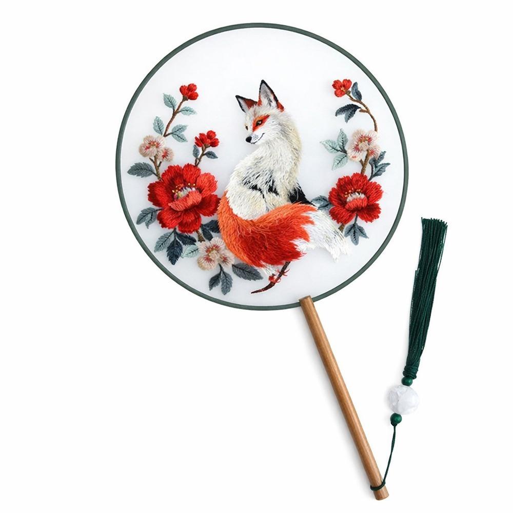 Chinese Style Double Sided Embroidery Fan Long Handle Vintage Hand Fan Dance Fan Party