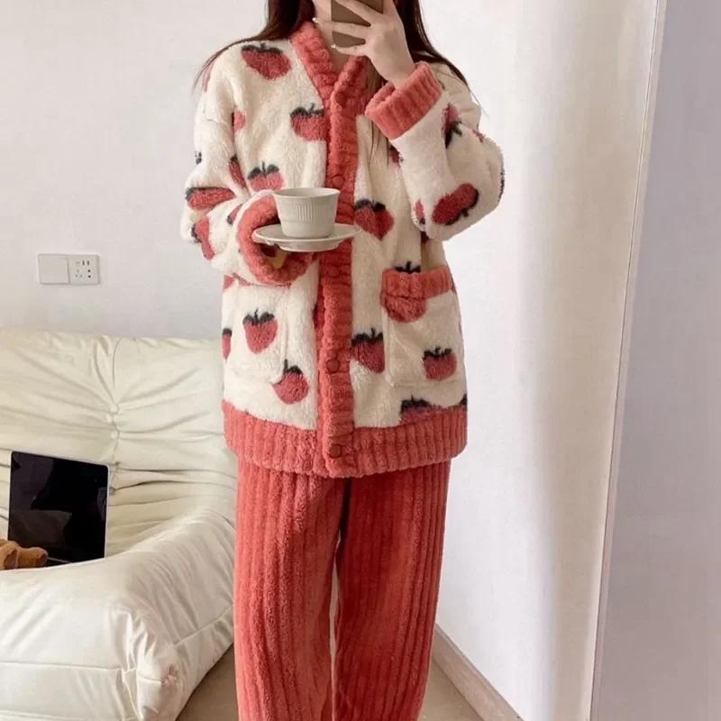 Strawberry Print Sleepwear Women Pajamas Set Winter Fleece Velvet 2 Pieces Home Suit Sleep Fluffy Korean Piiama Warm Night Wear