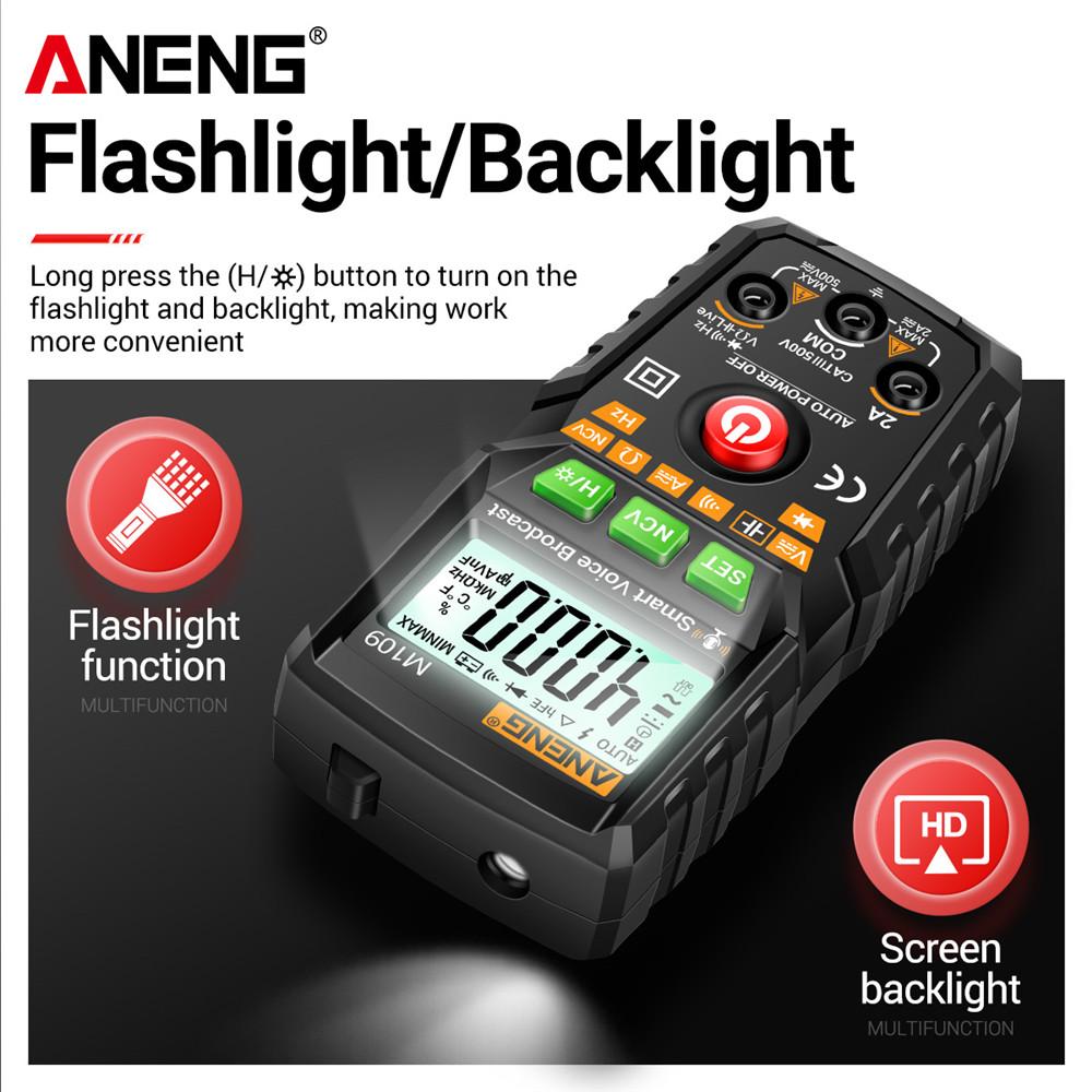 ANENG M109 Smart Multimeter Tester AC/DC Voltage Voice Broadcast Meter NCV Capacitance Continuity Professional Electrical Tools with Digital Display