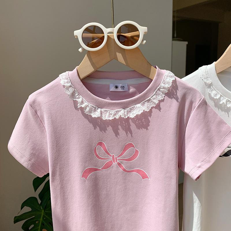 Girls' Casual Cotton Short-sleeved T-shirt For Summer, Cute Little Bow T-shirt For Children