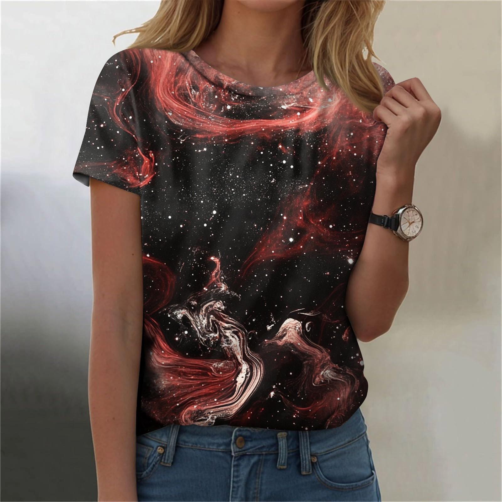 

Женская мода Sky Print модная универсальная облегающая футболка с коротким рукавом XXXL винный