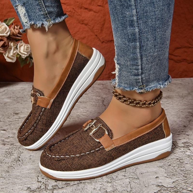 Women's Wide Width Rocker Sole Loafers, Fabric Slip-On Wedge Flats, European Style Casual Shoes for Women