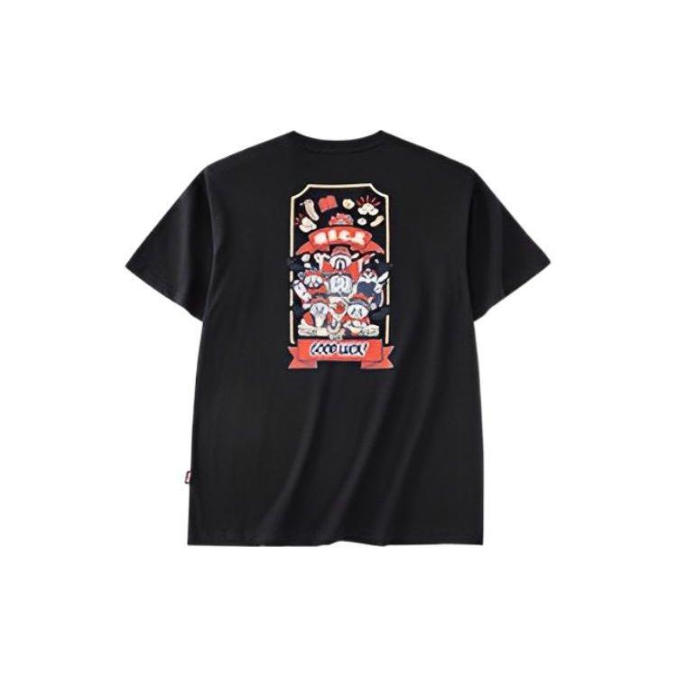 Anta Solid Color Cartoon Pattern Printed Round Neck Pullover Short Sleeve T-Shirt Unisex Tops Black 172238103R-3