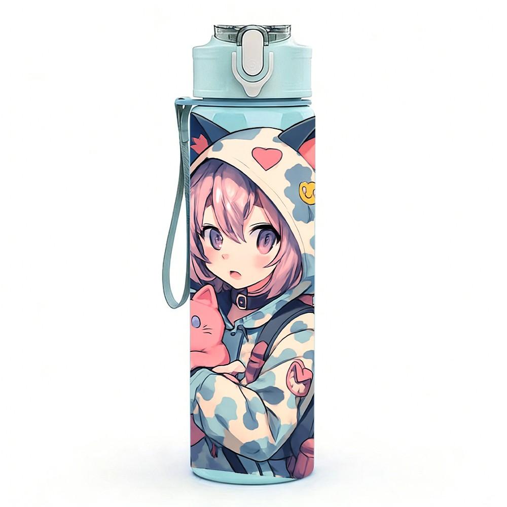 1PC Anime Girl Cat Ear Hoodie Print 750ml Color Plastic Sports Water Bottle Leakproof Flip Straw Lid Suitable for Sports Office Home Use