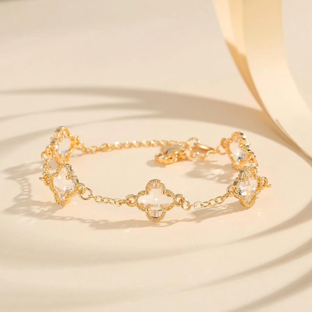 Ladies' Crystal Clover Bracelet with Five Leaf Flower Copper Gold Plated Bracelet