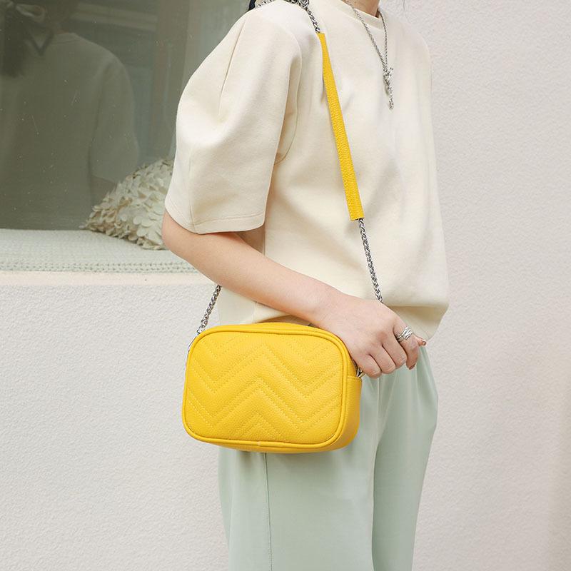 First layer cowhide small square bag women's bag new trendy fashion embroidered thread single shoulder messenger bag chain small bag