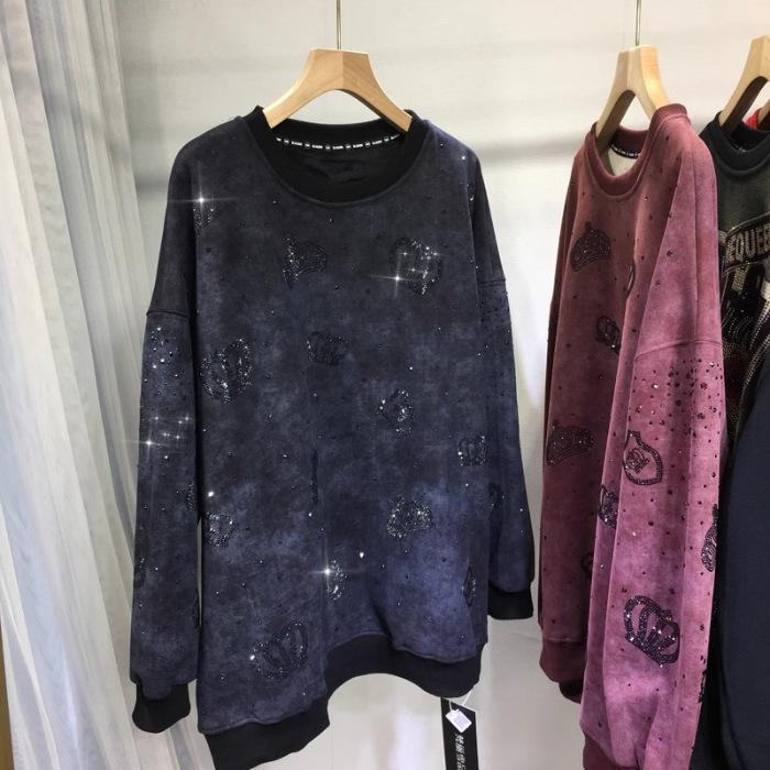 European Crown Hotfix Diamond Sweater - Plus Size, Velvet-Lined, Round Neck, Long Sleeve Luxury Top