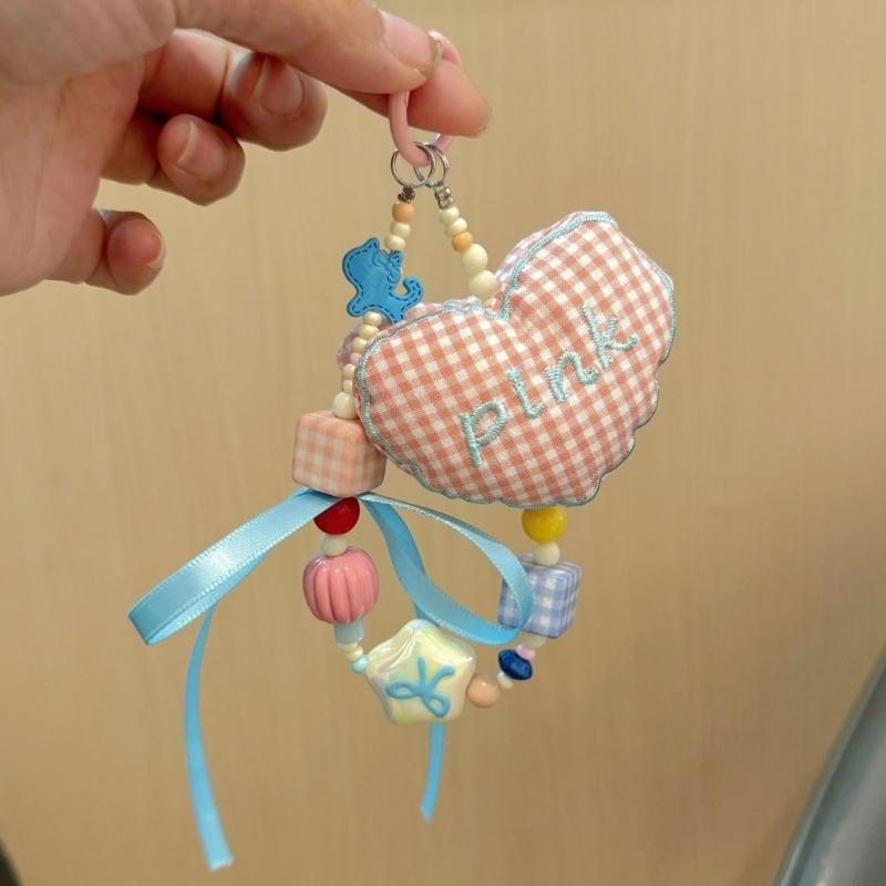 Cotton Grids Pattern Heart Shape Keychain Charm Handmade Phone Chain Women Car Key Holder Stylish Camera Bag Accessory