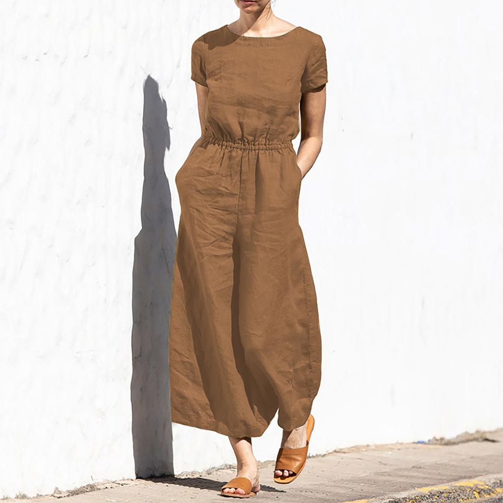 Women's Fashion Loose Casual Solid Color Linen Short Sleeve Temperament Wide-leg Long