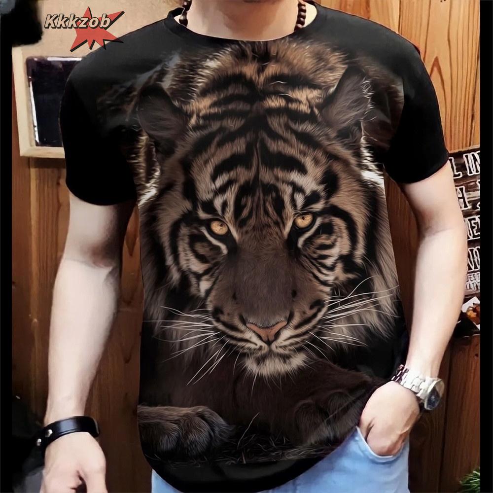 Fierce Tiger Animal Pattern Men's T-Shirts Short Sleeve 3D Animal Printed Trend Street Tee Oversized T Shirt Men Clothing Tops