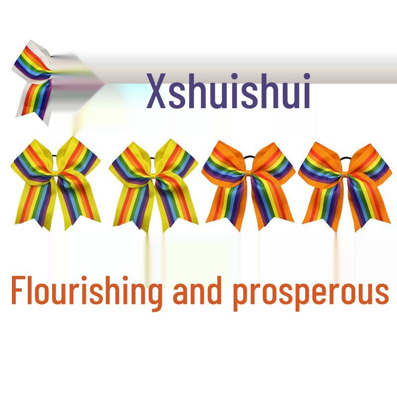 Trendy Rainbow Ribbed Bow Hair Clips & Rubber Band Sets for Kids