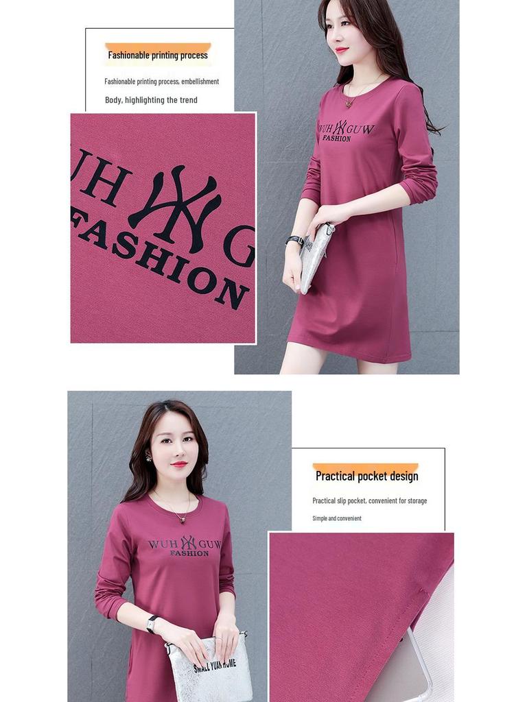 Women's Long-Sleeve Cotton Mid-Length T-Shirt Dress - 2025 Spring/Autumn Casual Versatile Style