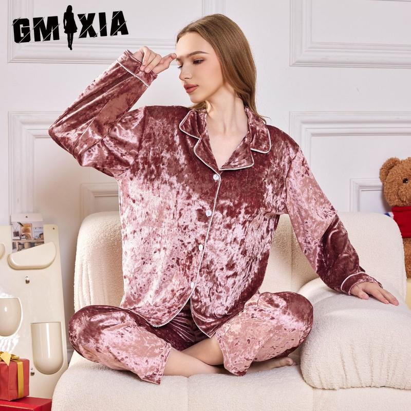 GMXIA Autumn and Winter Women's Gold Diamond Velvet Pyjamas Long-sleeved Trousers Two-piece Warm Thickened Velvet Homewear Set