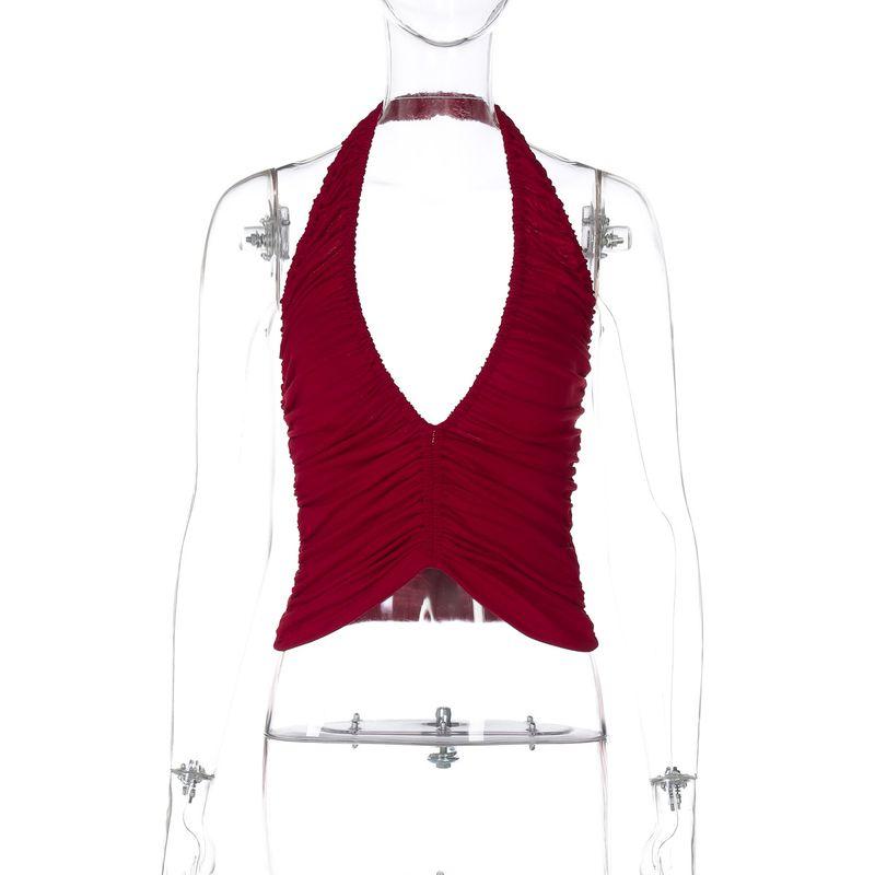 

Европейская и американская женская одежда 2025 Лето Новинка Сексуальный Сексуальный Однотонный Глубокий V-образный вырез Холтер Без спины Со сборками Приталенный Жилет Red L